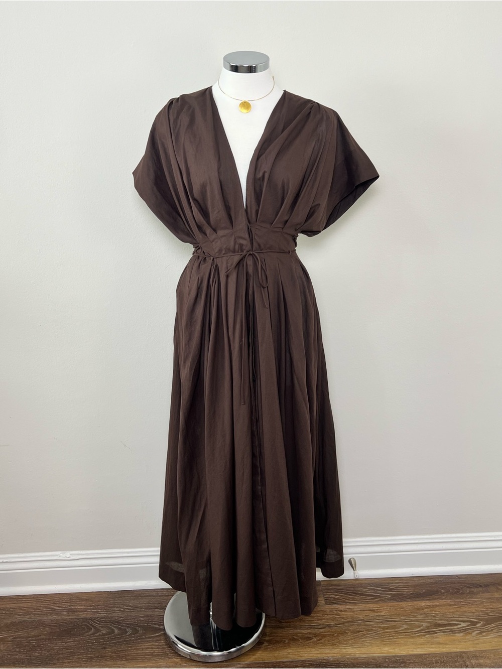NWT Zara Brown Cotton Poplin Puff Sleeve Midi Dress Size M Pockets